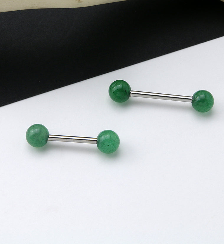14G Double Jade Green Stone Stainless Steel Barbell