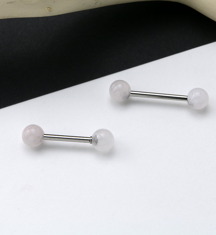 14G Double Rose Quartz Stone Stainless Steel Barbell