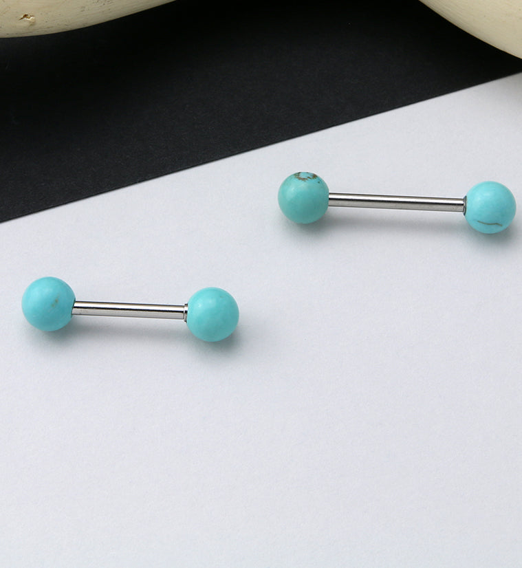 14G Double Turquoise Howlite Stone Stainless Steel Barbell