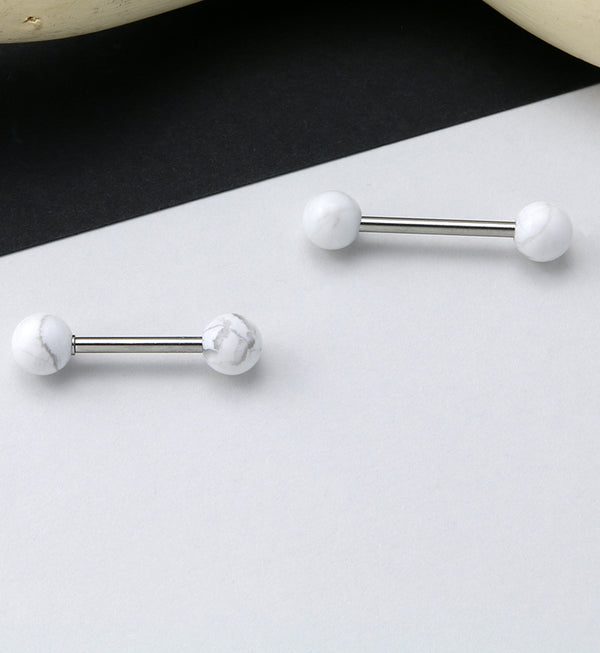 14G Double White Howlite Stone Stainless Steel Barbell
