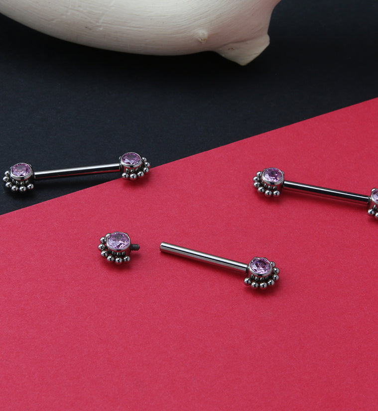 14G Encircled Double Pink CZ Titanium Nipple Ring Barbell