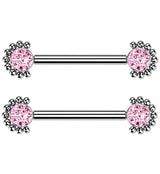 14G Encircled Double Pink CZ Titanium Nipple Ring Barbell