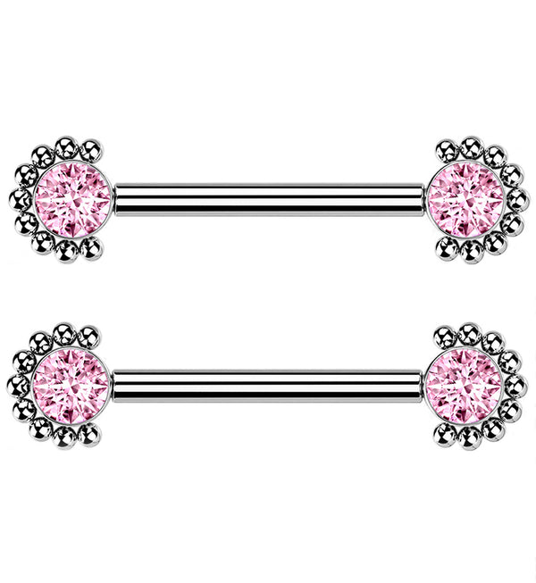 14G Encircled Double Pink CZ Titanium Nipple Ring Barbell