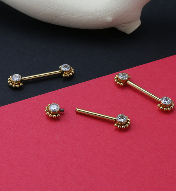 14G Gold PVD Encircled Double CZ Titanium Nipple Ring Barbell