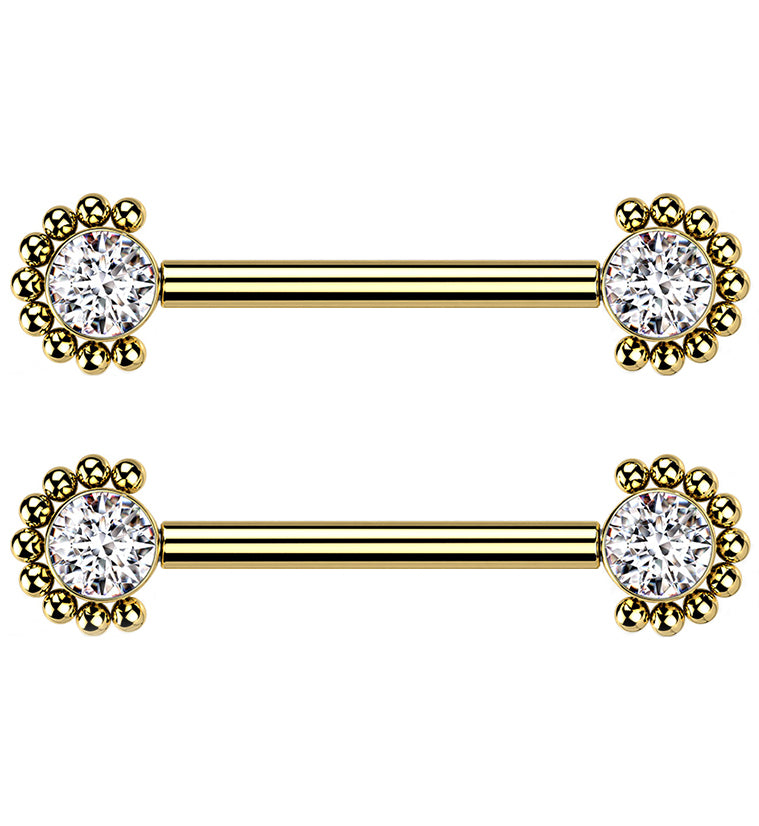 14G Gold PVD Encircled Double CZ Titanium Nipple Ring Barbell