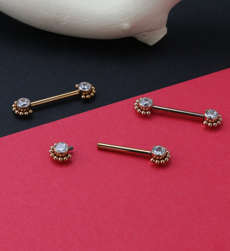 14G Rose Gold PVD Encircled Double CZ Titanium Nipple Ring Barbell