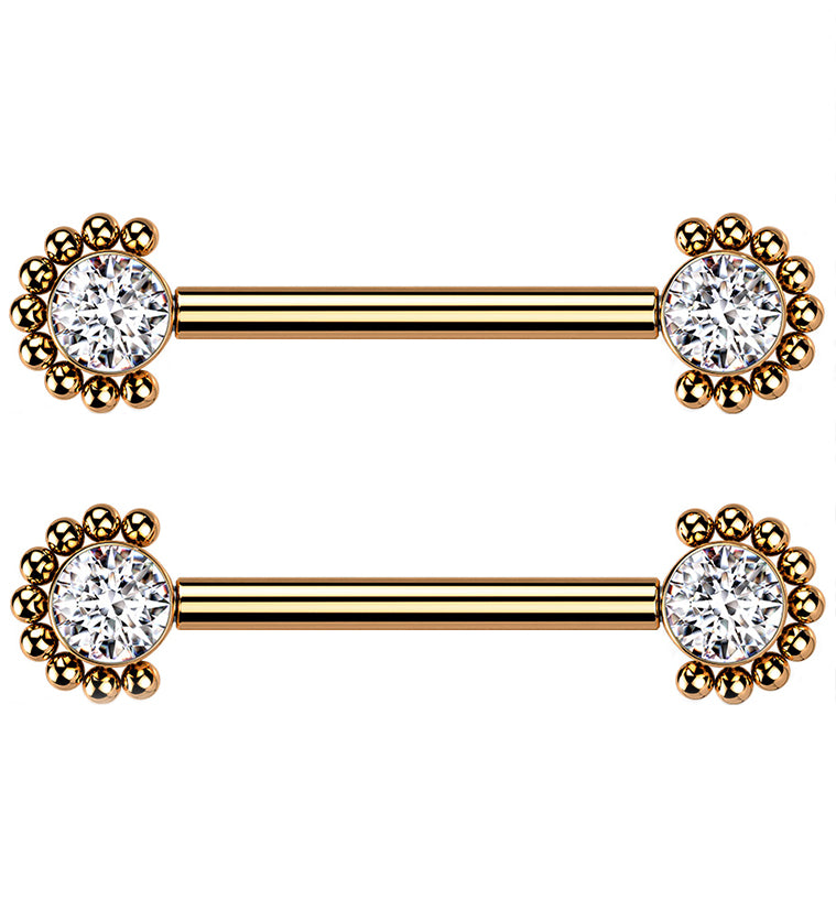 14G Rose Gold PVD Encircled Double CZ Titanium Nipple Ring Barbell