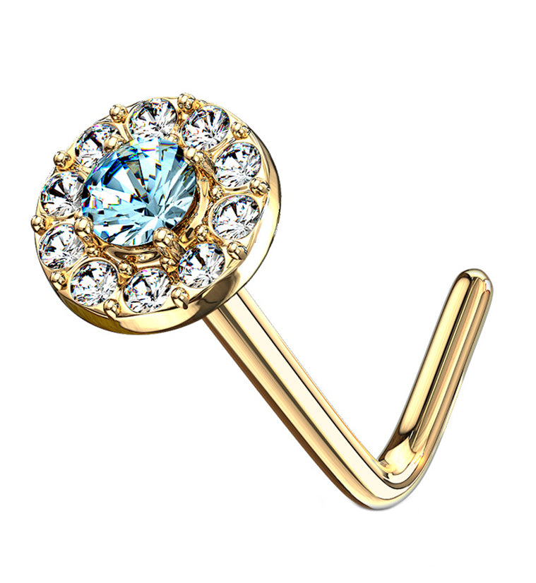 14kt Gold Disk w Aqua CZ L Bend Nose Ring