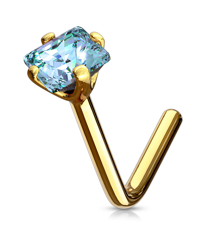 20G Aqua Square CZ 14kt Gold L Shaped Nose Ring