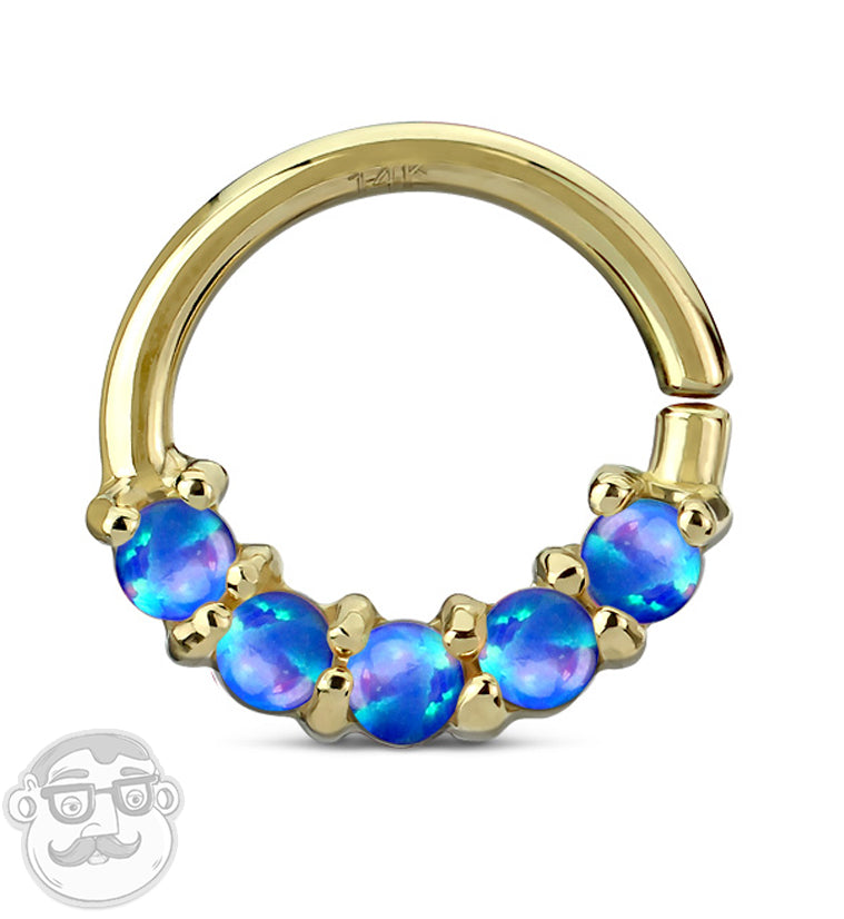 16G 14kt Gold Blue Opalite Line Septum / Cartilage Ring