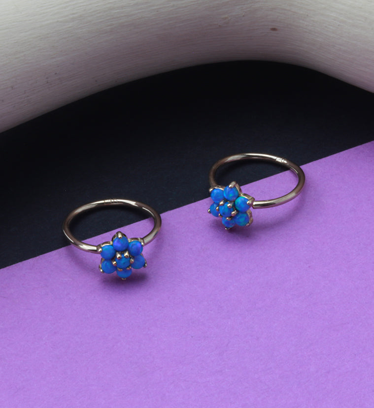 14kt Gold Blue Opalite Flower Hoop Ring