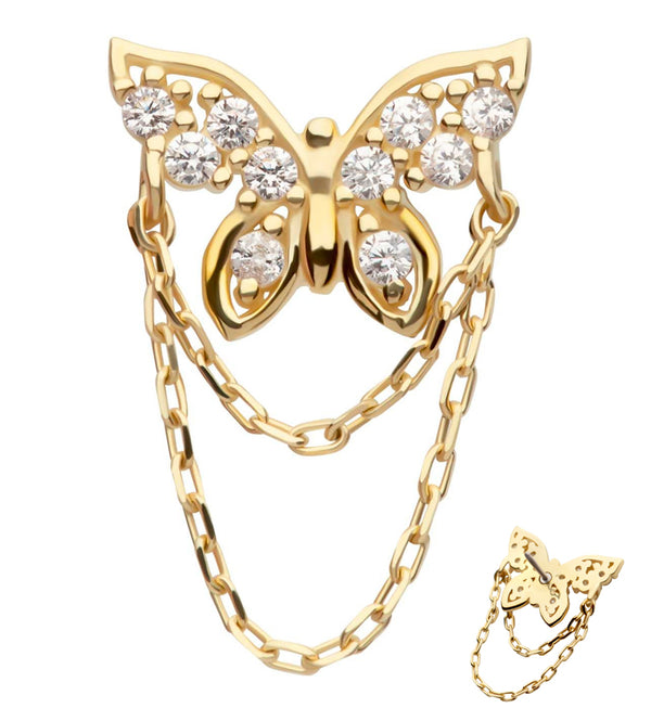 14kt Gold Butterfly Clear CZ Dangle Chain Threadless Top