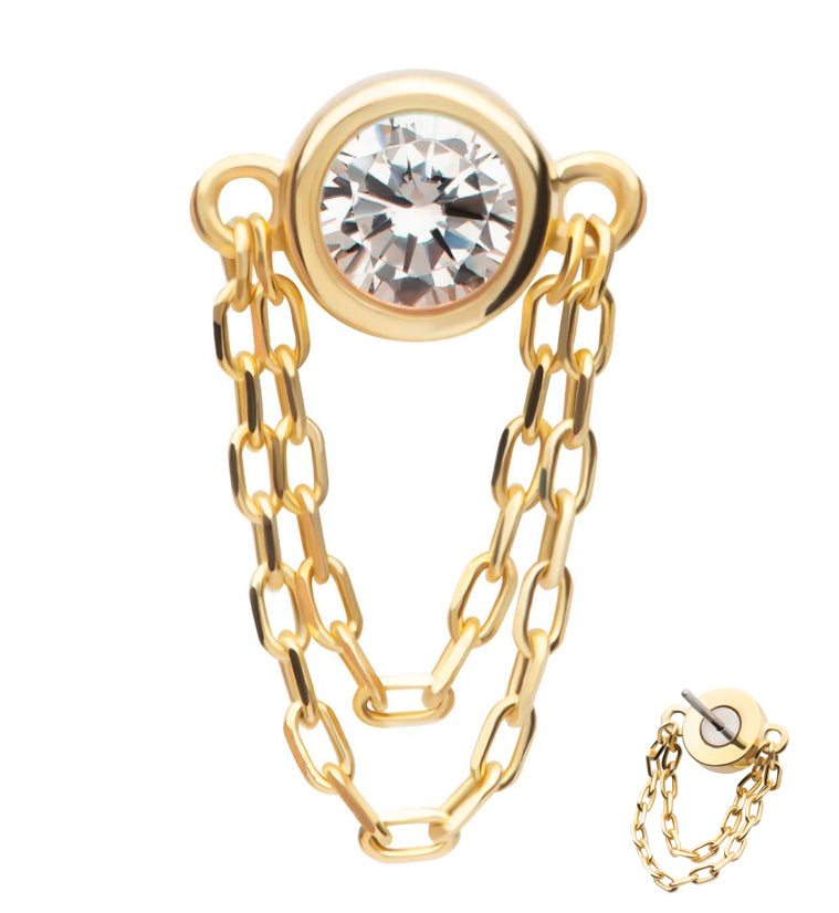 14kt Gold Clear CZ Double Dangle Chain Threadless Top
