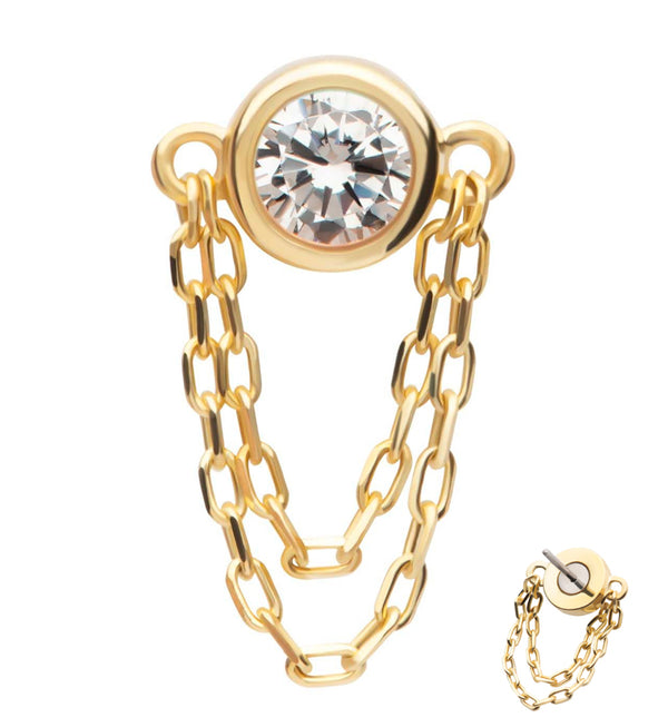 14kt Gold Clear CZ Double Dangle Chain Threadless Top
