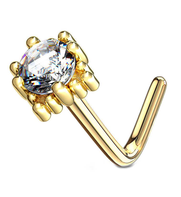 14kt Gold Crate Clear CZ L Bend Nose Ring