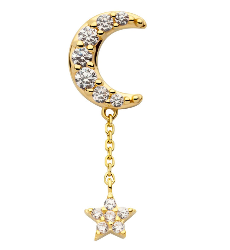 14kt Gold Crescent Moon CZ Dangle Star Threadless Top