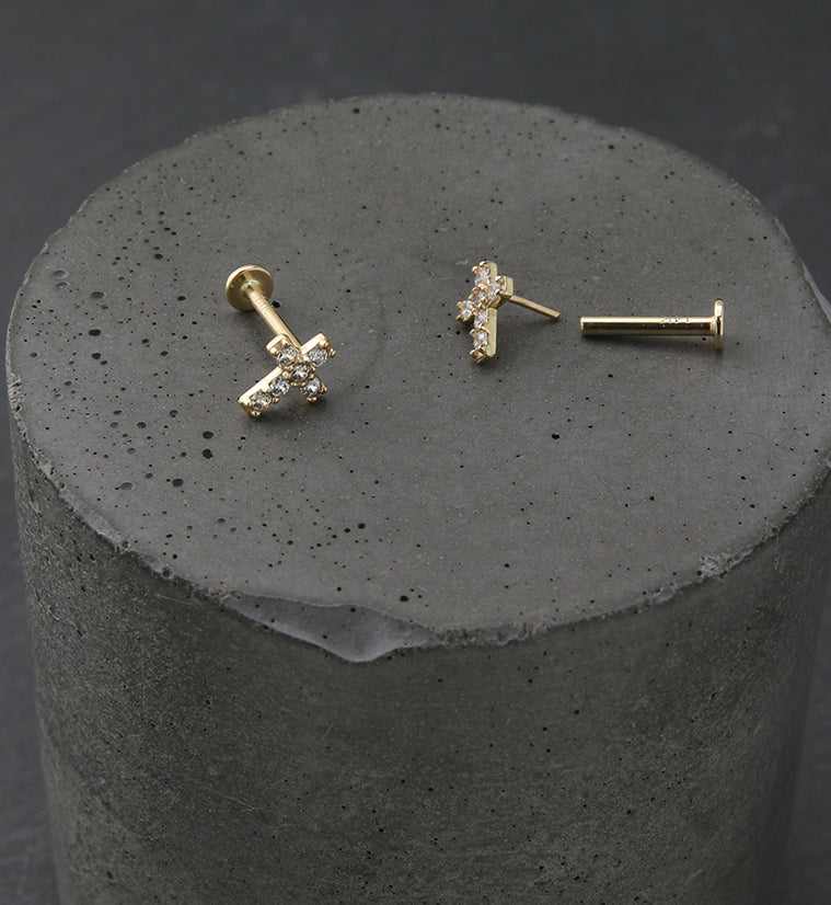 14kt Gold Cross CZ Threadless Labret