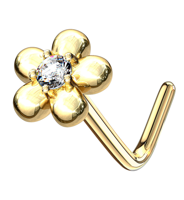 14kt Gold Daisy Clear CZ L Bend Nose Ring