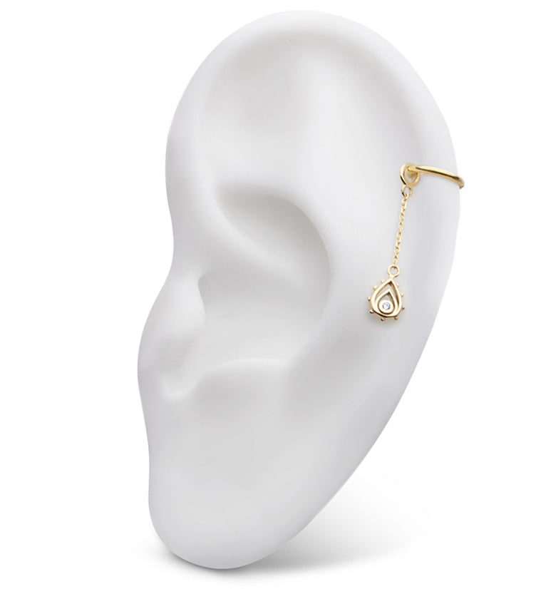 14kt Gold Dual Trace Teardrop Clear CZ Dangle Chain Charm