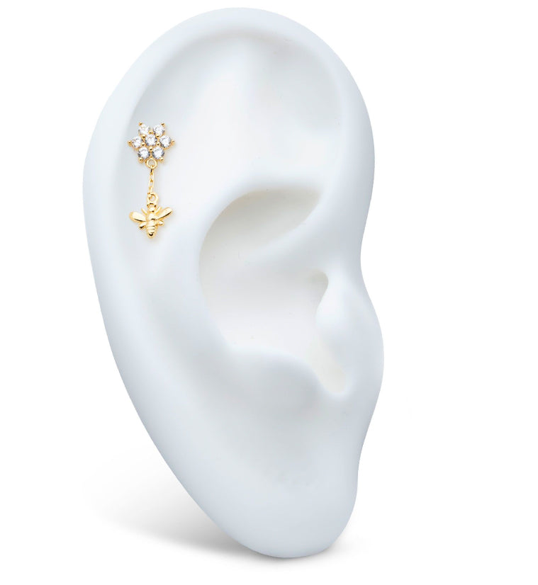 14kt Gold Flower CZ Dangle Bee Threadless Top