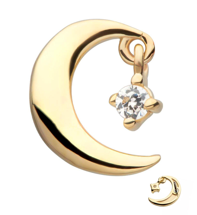 14kt Gold Half Moon Clear CZ Dangle Threadless Top