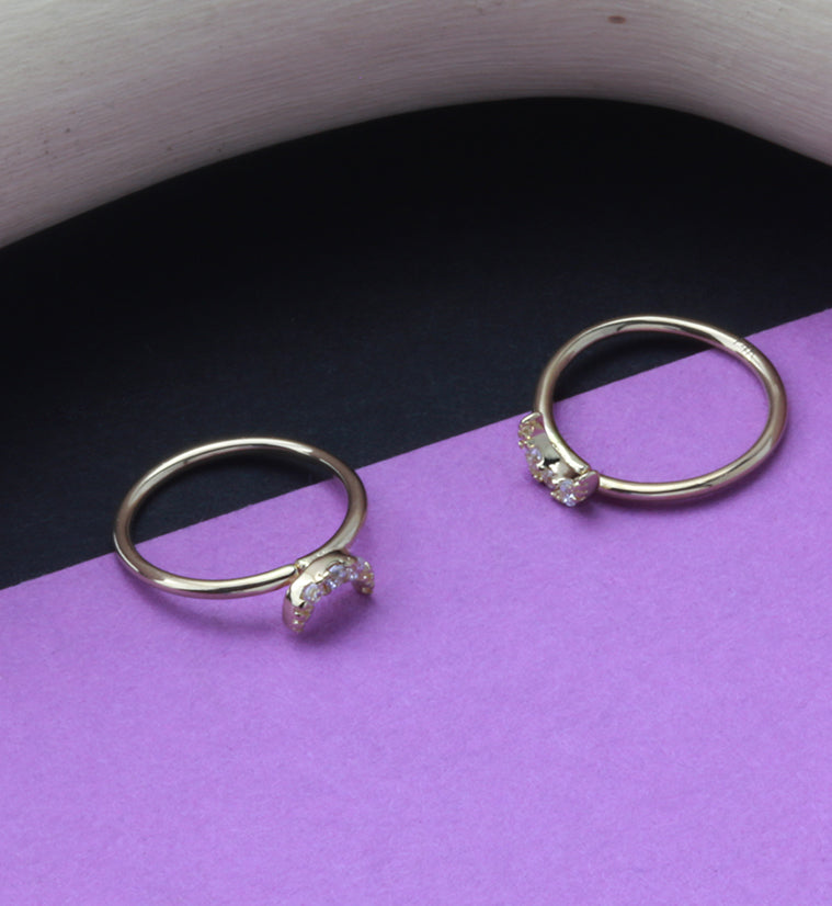 14kt Gold Half Moon Clear CZ Hoop Ring