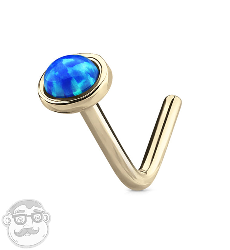 20G 14kt Gold L Shaped Blue Opal Top Nose Ring