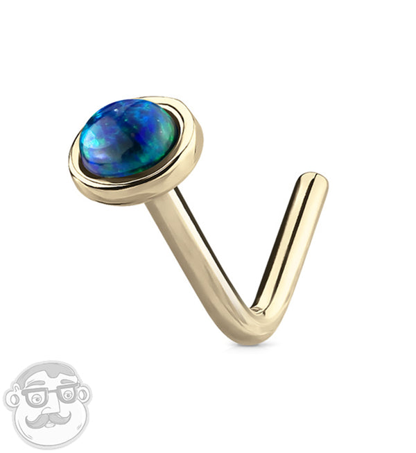 20G 14kt Gold L Shaped Green Opal Top Nose Ring
