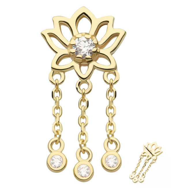 14kt Gold Lotus Flower Clear CZ Dangle Chains Threadless Top