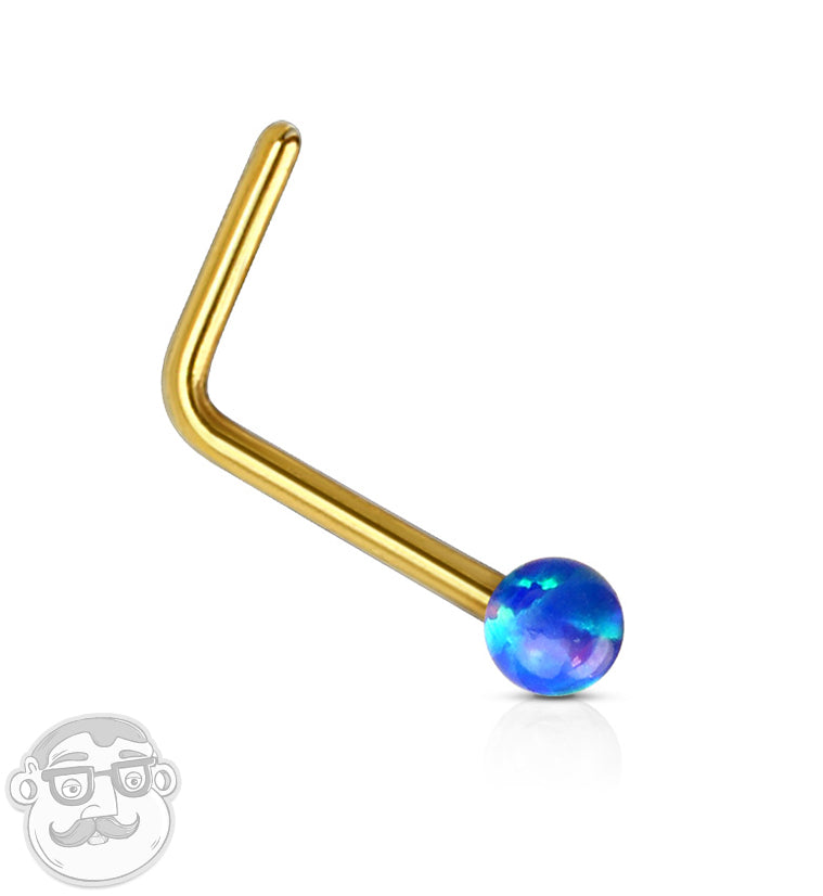 20G Blue Opalite 14kt Gold L Shape Nose Ring