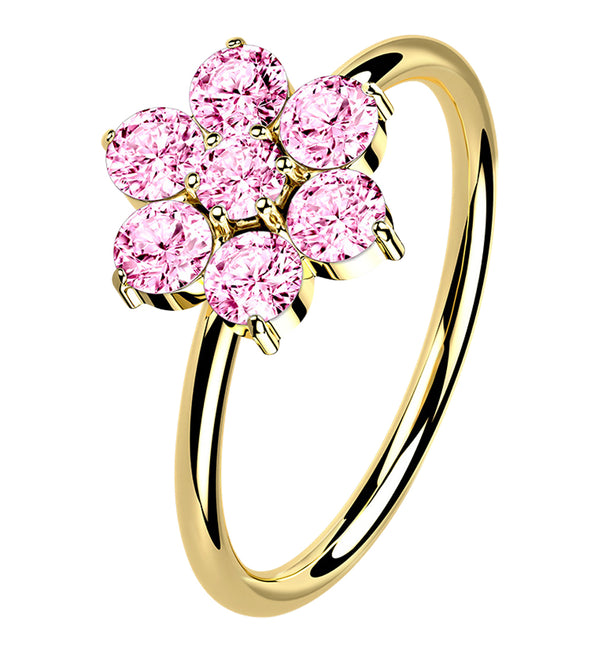 14kt Gold Pink CZ Gem Flower Hoop Ring