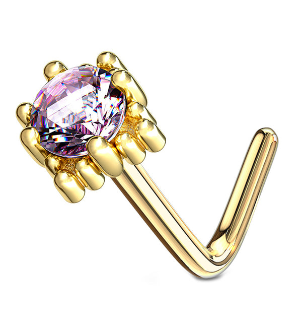 14kt Gold Crate Pink CZ L Bend Nose Ring
