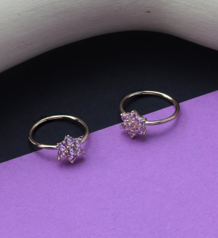 14kt Gold Pink CZ Gem Flower Hoop Ring
