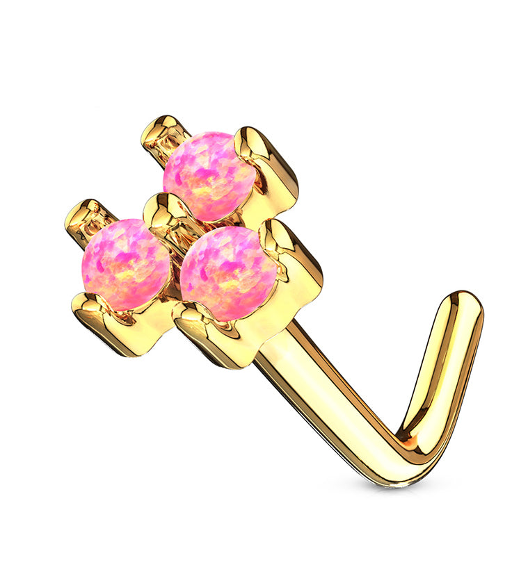 20GPink Trinity Opal 14kt Gold L Shaped Nose Ring
