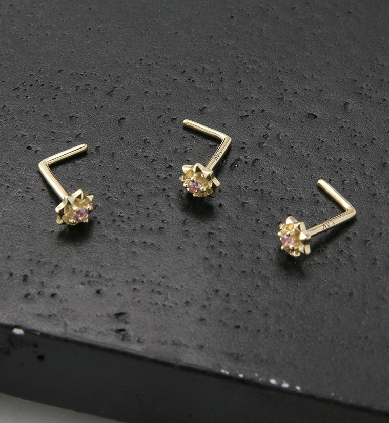 14kt Gold Sol Pink CZ L Bend Nose Ring
