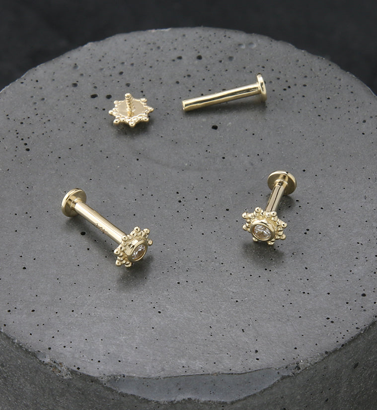 14kt Gold Solar CZ Internally Threaded Labret