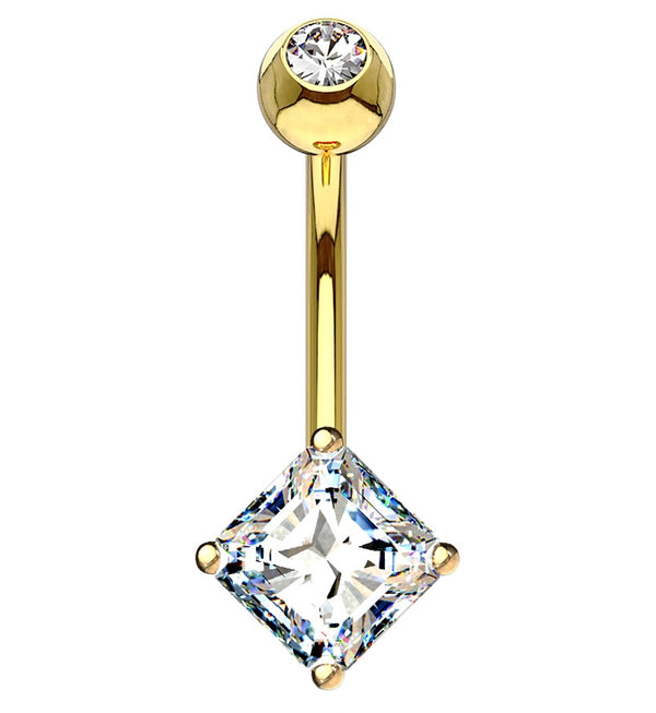 14kt Gold Prong Square CZ Belly Button Ring