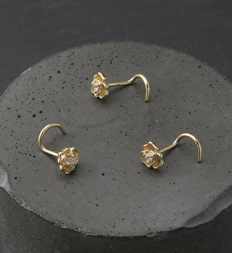14kt Gold Tri Petal Clear CZ Nose Screw