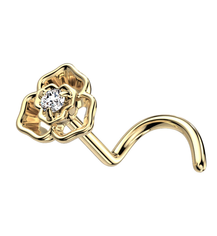 14kt Gold Tri Petal Clear CZ Nose Screw