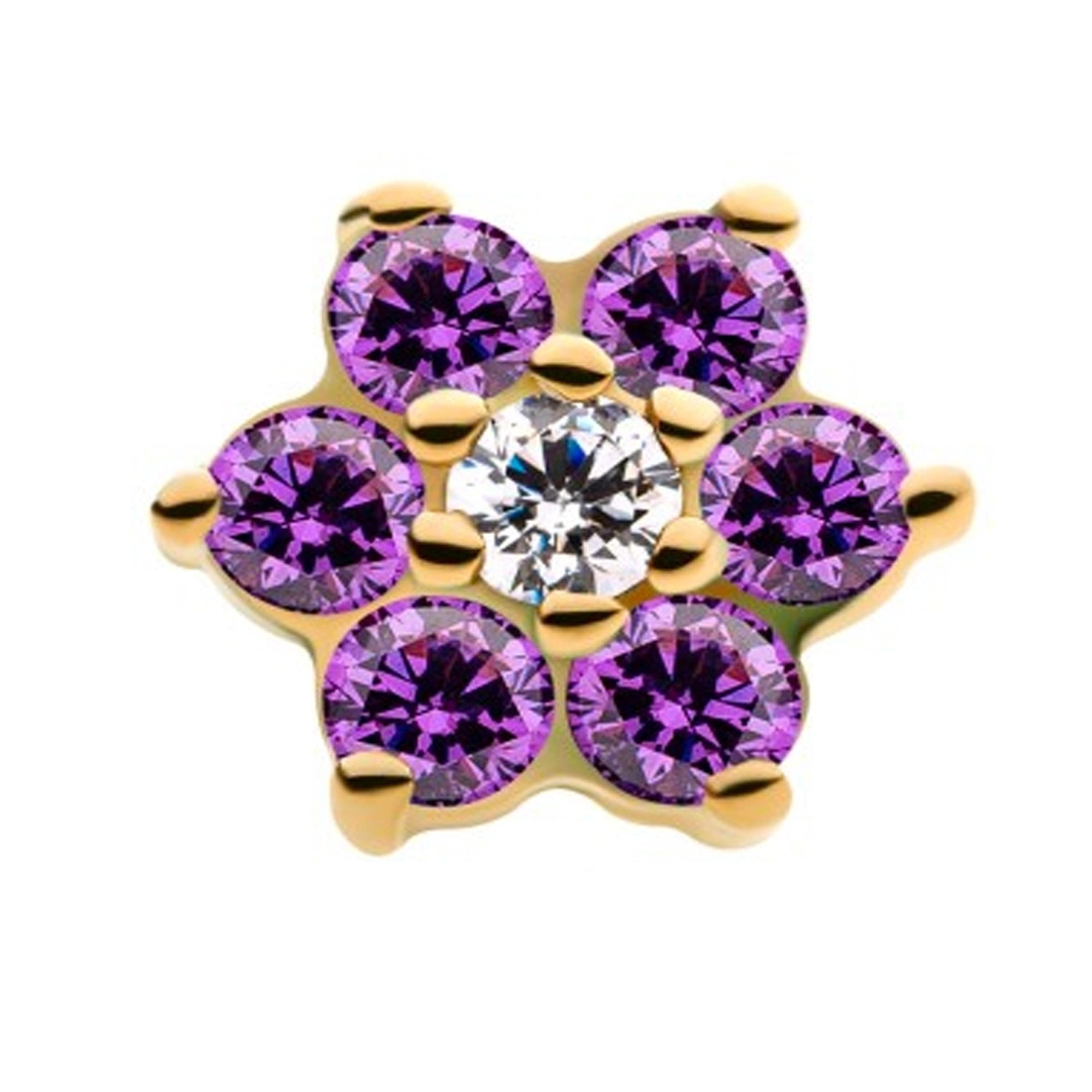 14kt Gold Purple & Clear CZ Flower Threadless Top
