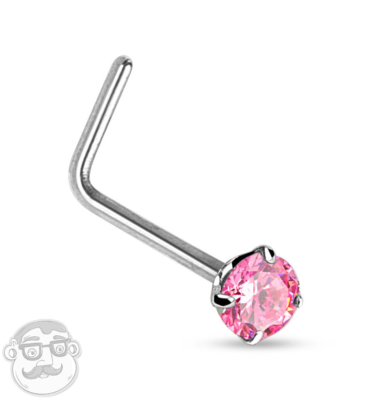 20G 14kt White Gold L Shaped Pink CZ Top Nose Ring