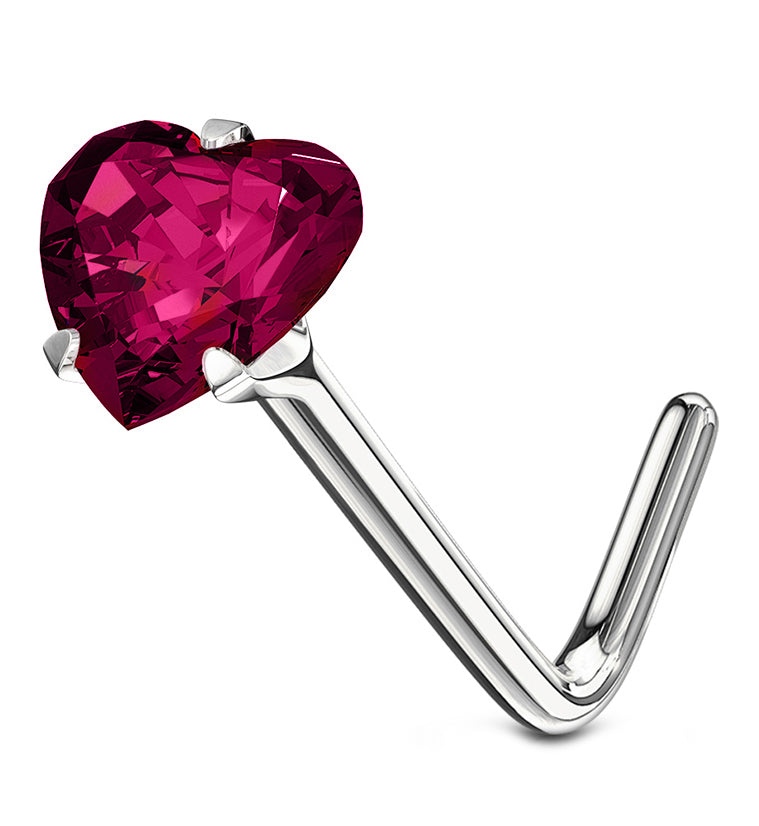 14kt White Gold Magenta Fusia Heart CZ L Bend Nose Ring