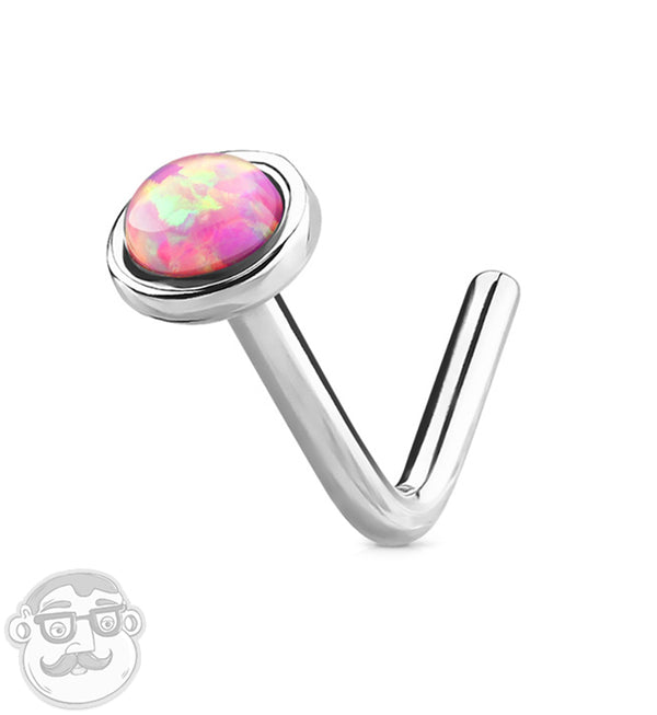 4kt White Gold L Shaped Pink Opal Top Nose Ring