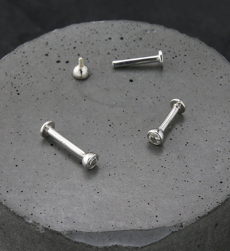 14kt White Gold Bezel CZ Internally Threaded Labret