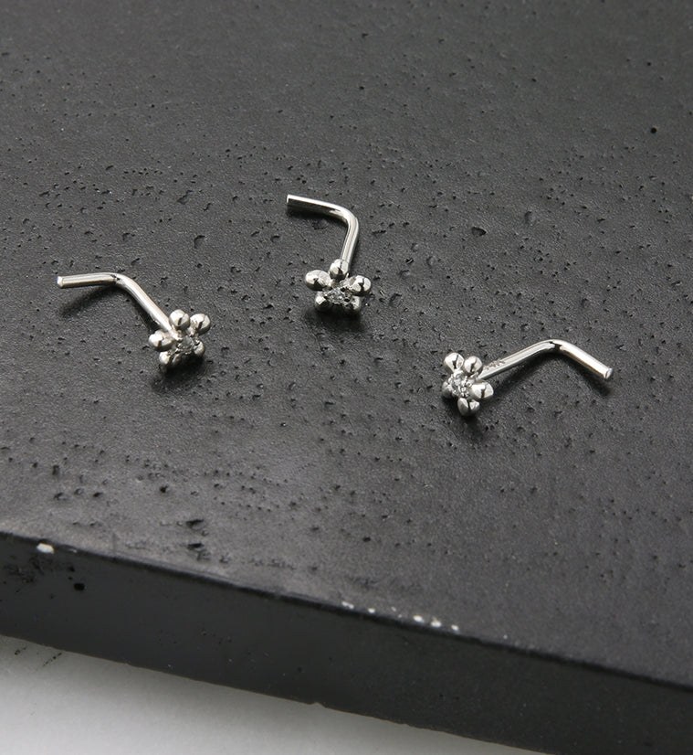14kt White Gold Daisy Clear CZ L Bend Nose Ring