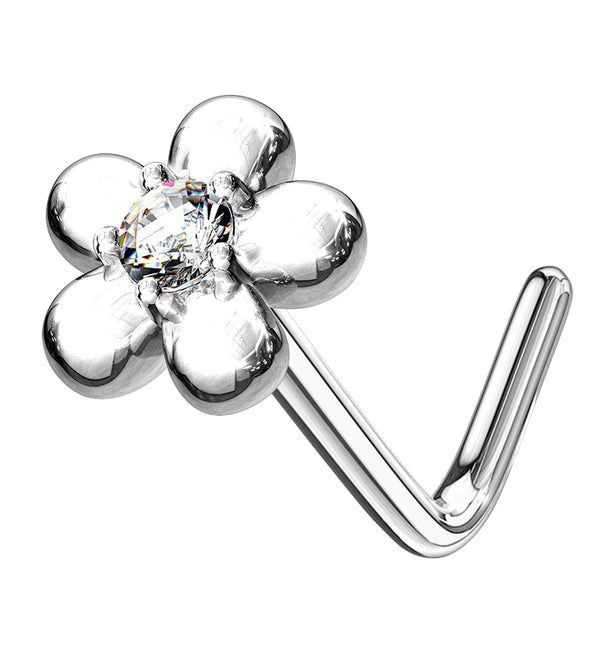 14kt White Gold Daisy Clear CZ L Bend Nose Ring
