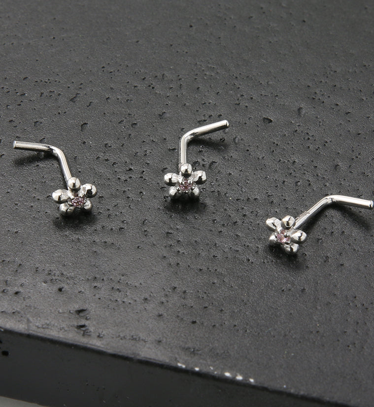14kt White Gold Daisy Pink CZ L Bend Nose Ring
