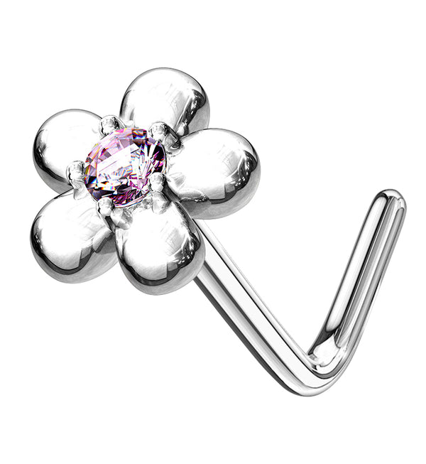 14kt White Gold Daisy Pink CZ L Bend Nose Ring