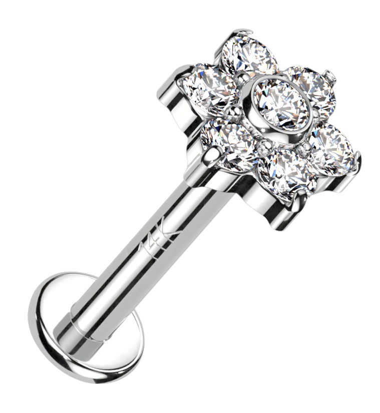 14kt White Gold Flower CZ Internally Threaded Labret