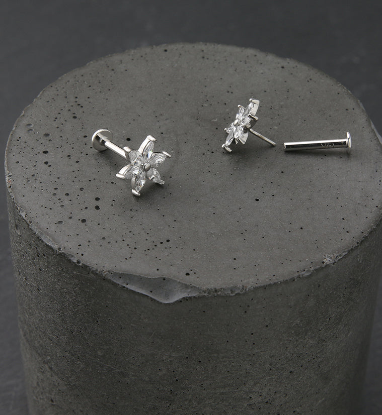 14kt White Gold Flower CZ Threadless Labret